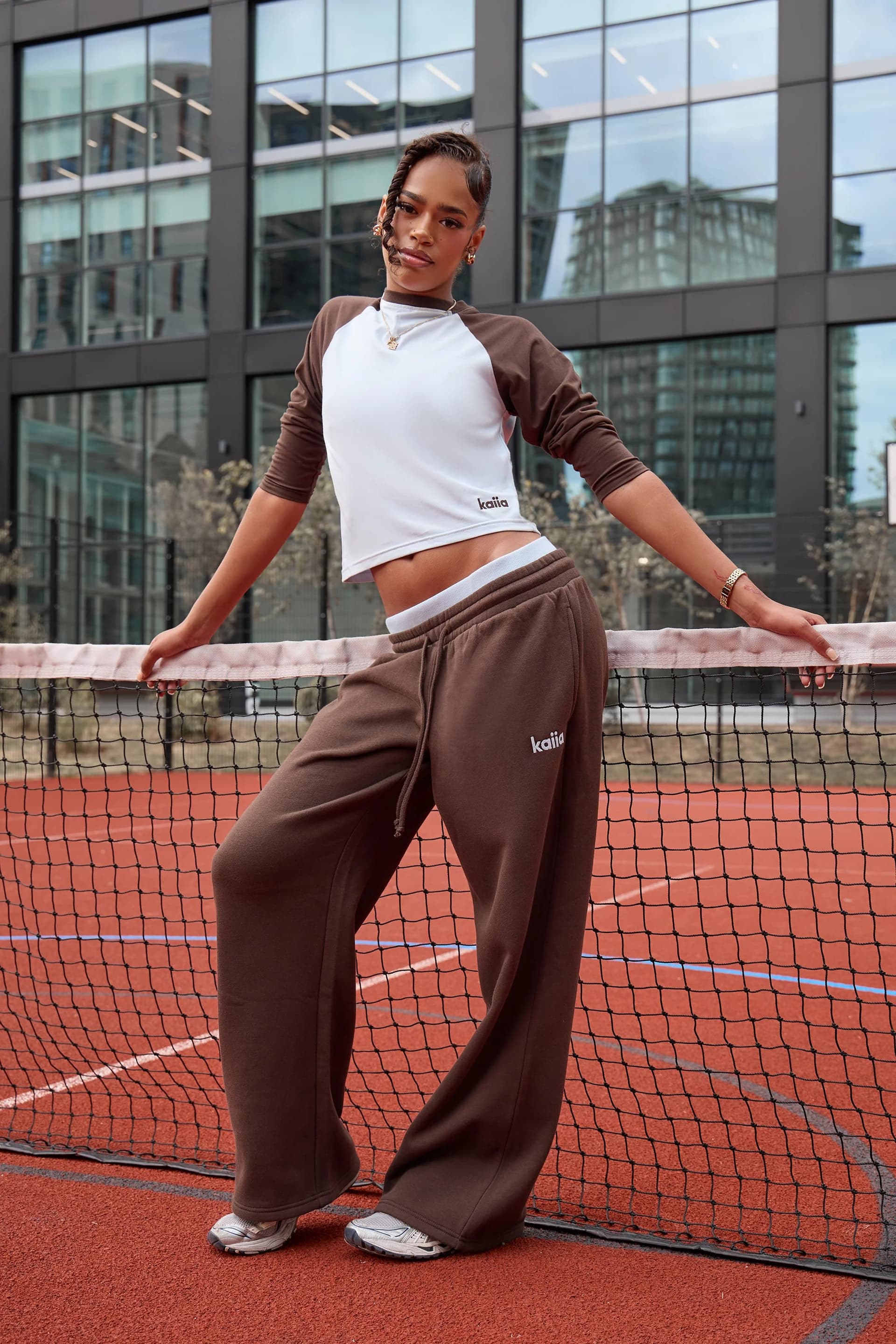 Kaiia Kaiia Double Waistband Wide Leg Joggers Bitter Chocolate & Sky Blue