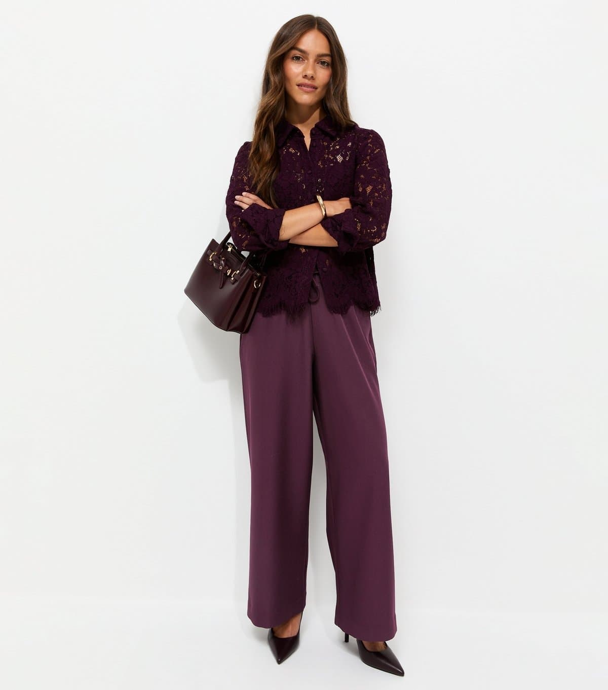 New Look Women's Petite Dark Burgundy Pull On Wide Leg Trousers New Look