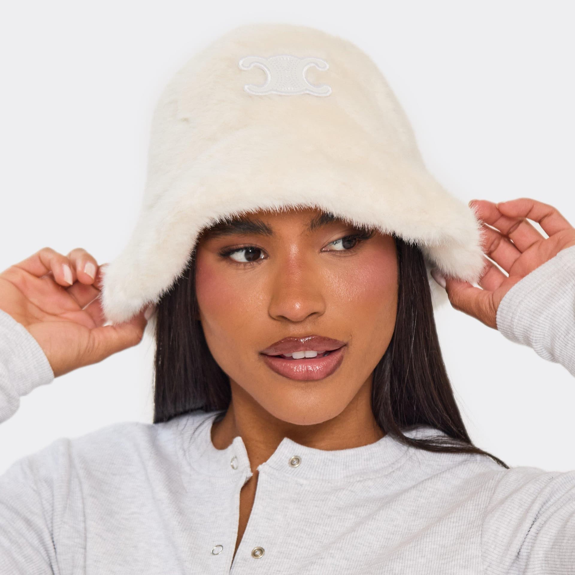 EGO Contrast Logo Detail Bucket Hat In Cream Faux Fur, Women's Size UK 0