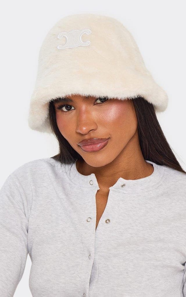 EGO Contrast Logo Detail Bucket Hat In Cream Faux Fur, Women's Size UK 0 - 2