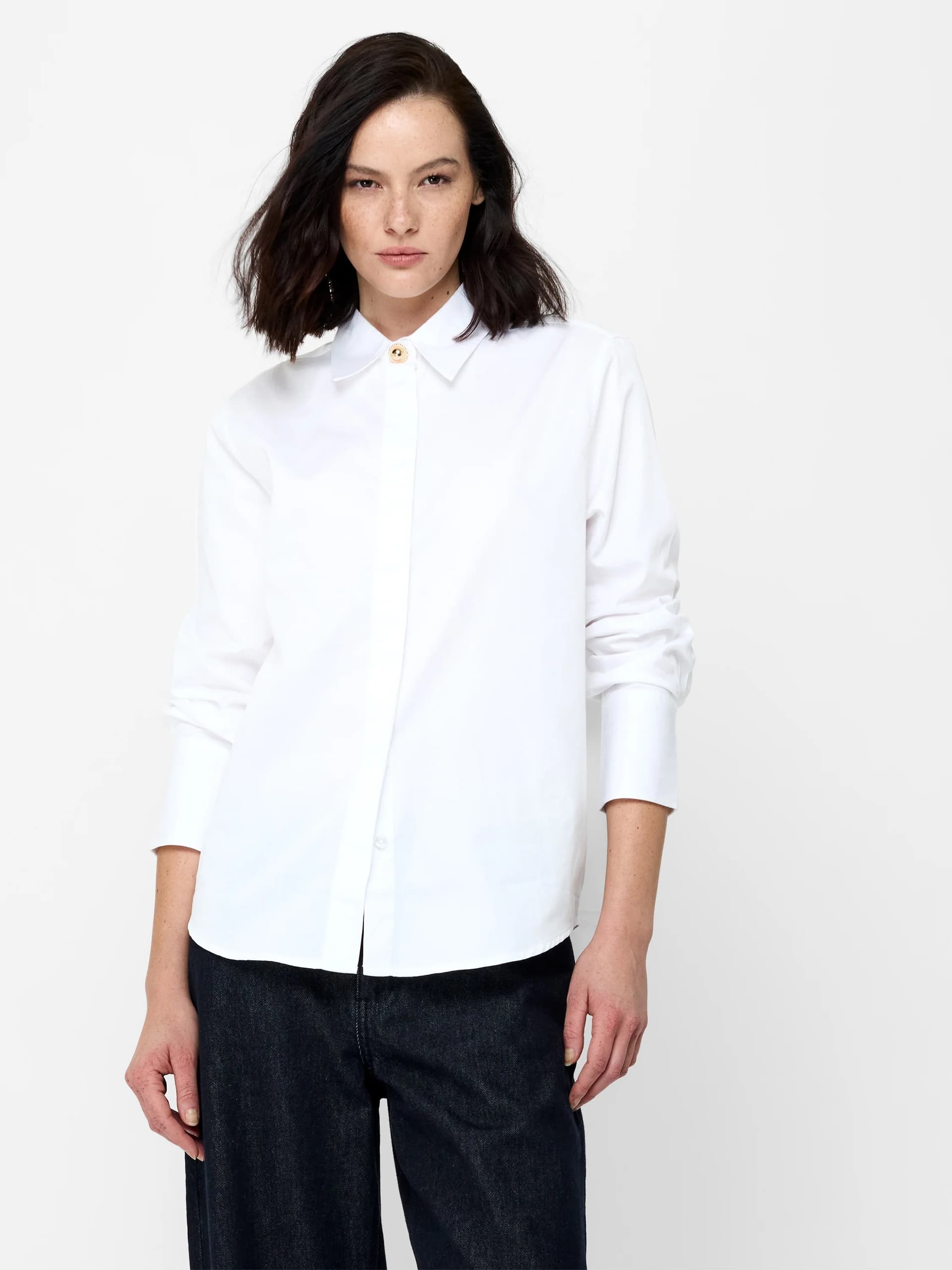 French Connection Alexis White Poplin Gold Button Shirt Linen White