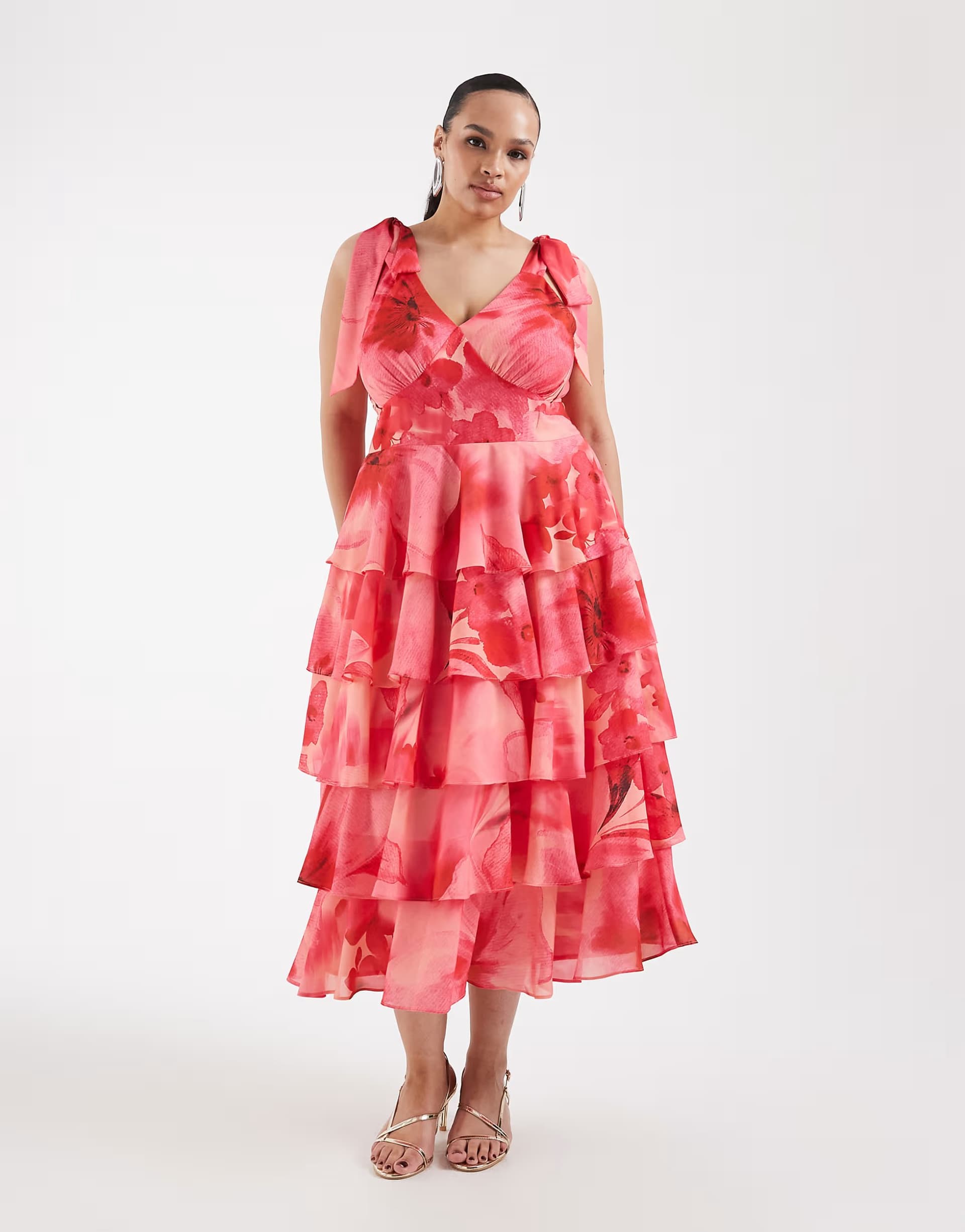 ASOS Pretty Lavish Curve Florie tie shoulder ruffle midaxi dress in red floral