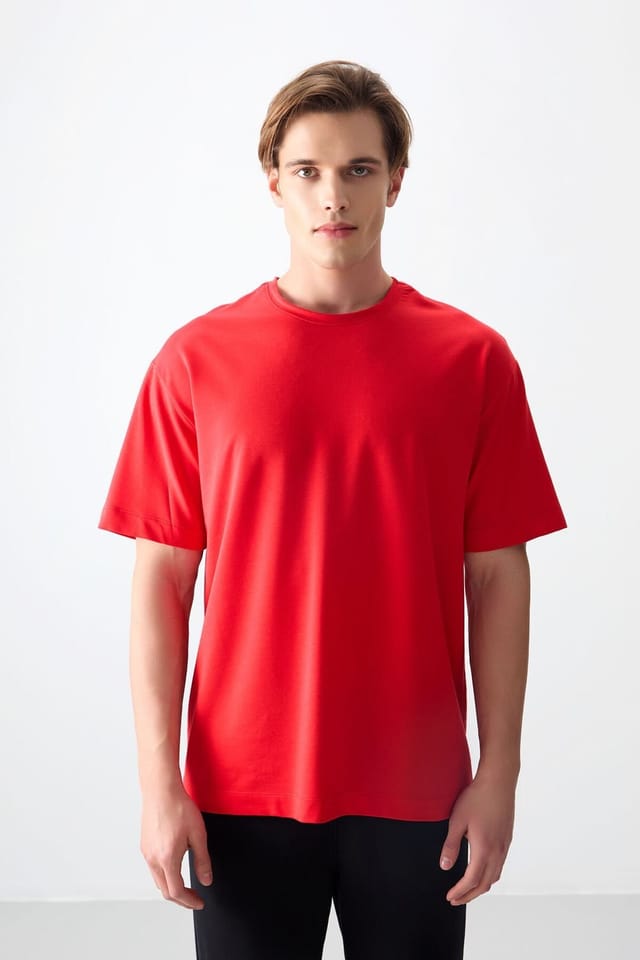 Tommy Life Tommy Life Men's Oversized Cotton Blend Crew Neck T-Shirt in Red - 2