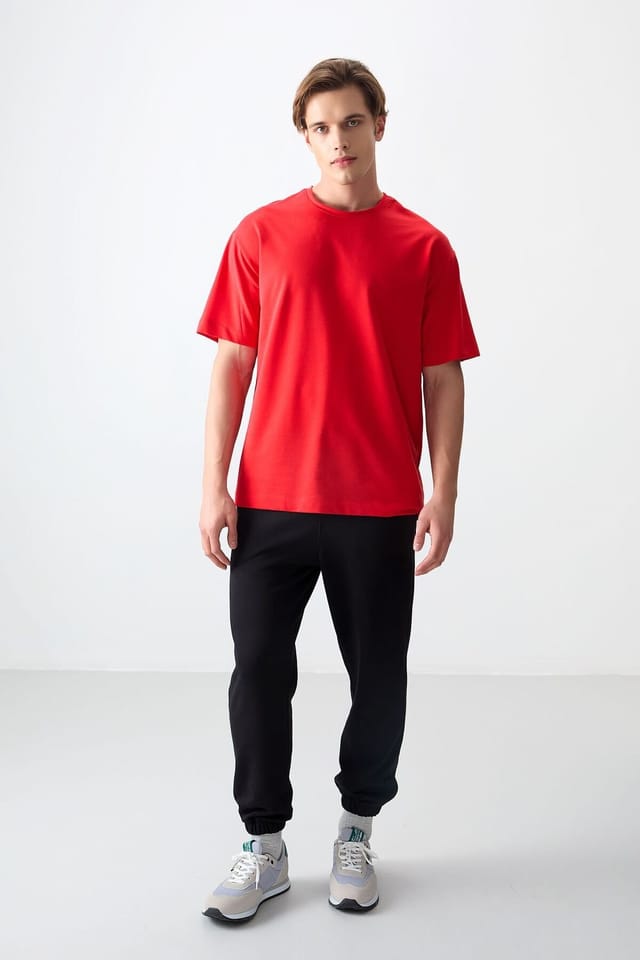 Tommy Life Tommy Life Men's Oversized Cotton Blend Crew Neck T-Shirt in Red - 3