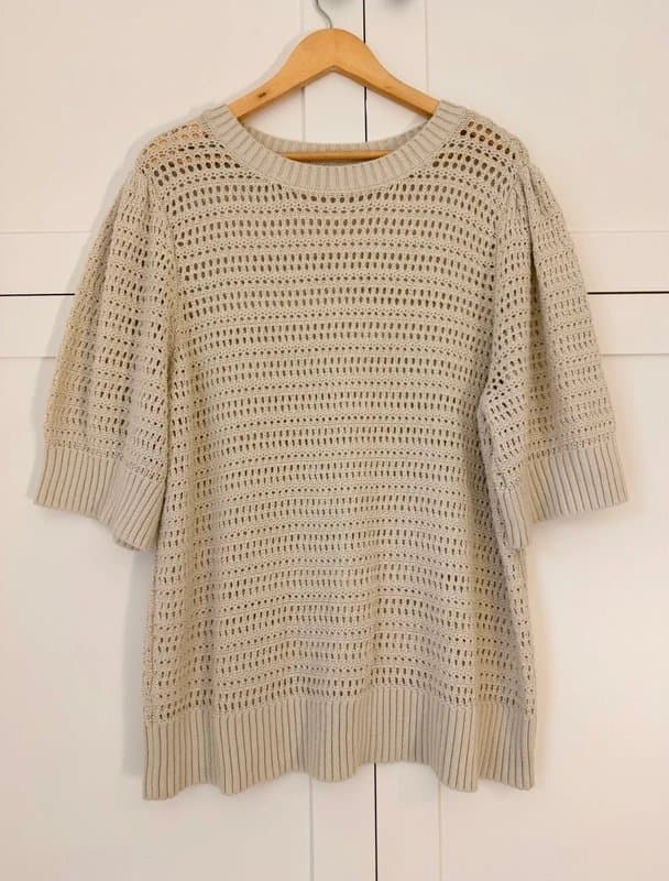 Sonoma Sonoma Beige Oatmeal Open Work Crochet Knit Puffy Short Sleeve Chunky Knitted Jumper