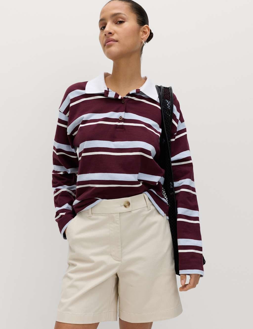 Marks & Spencer M&S Maroon & White Striped Polo Shirt with Khaki Shorts