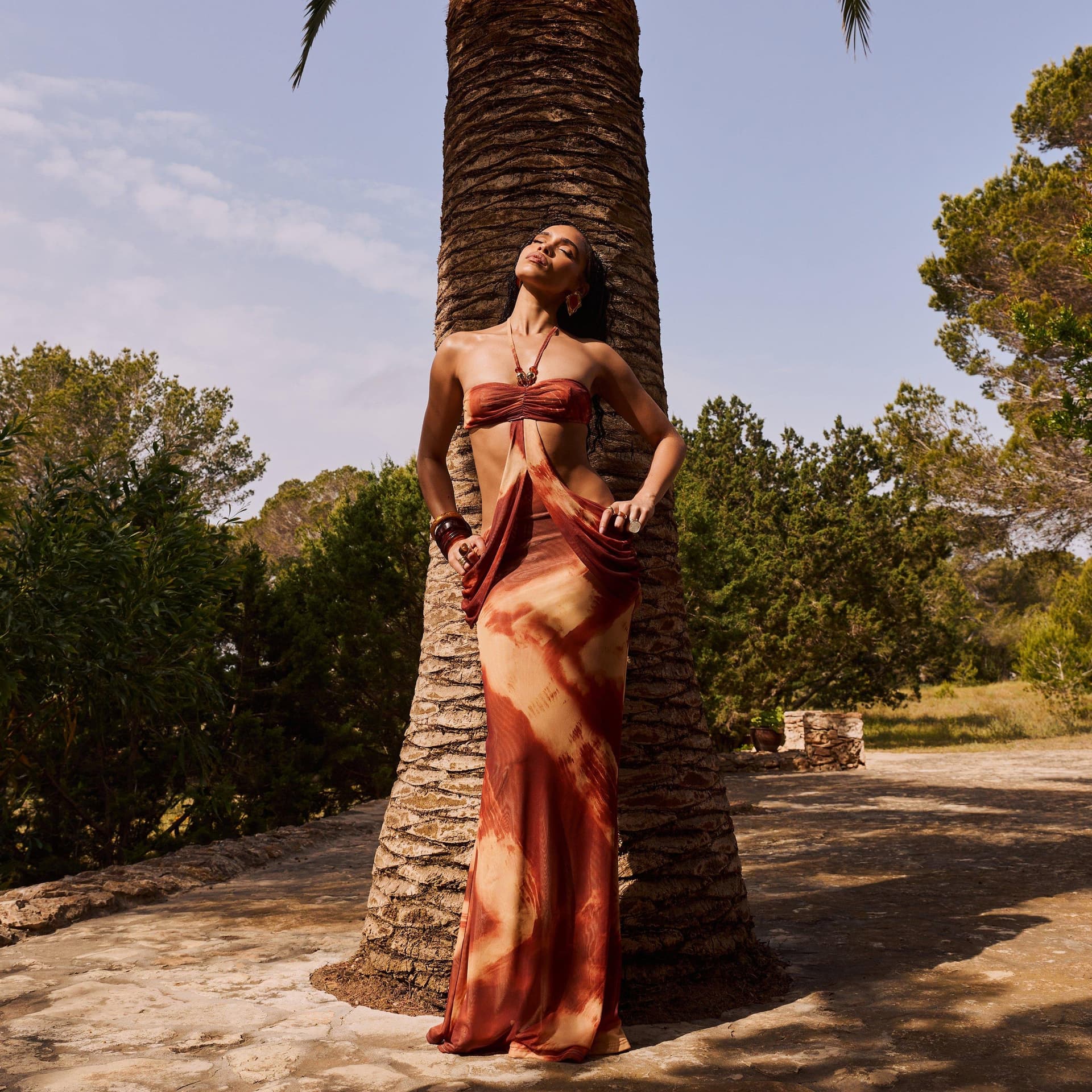 EGO Halterneck Beaded Draped Detail Cut Out Maxi Dress In Rust Abstract Print, Women's Size UK 6