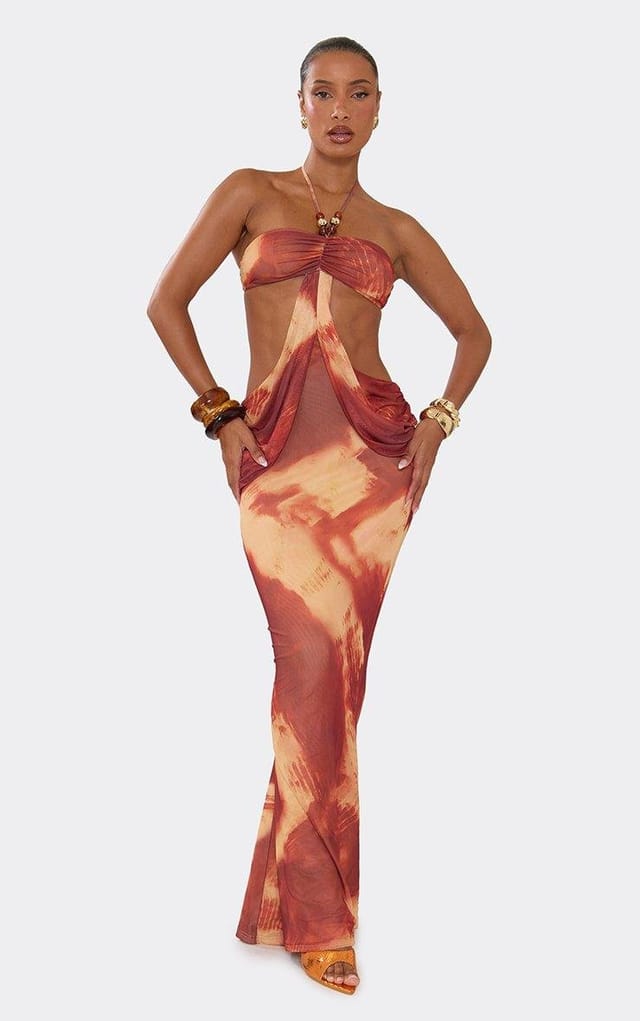 EGO Halterneck Beaded Draped Detail Cut Out Maxi Dress In Rust Abstract Print, Women's Size UK 6 - 2