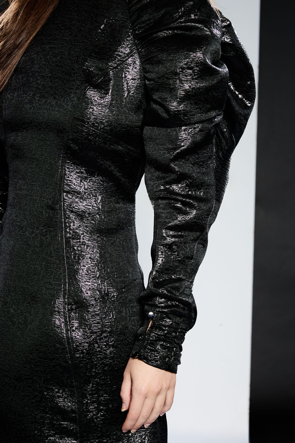 RUNWAY 1.8.1.8 RUNWAY 1.8.1.8 Women's Runway 1.8.18 Ruched Shoulder Metallic Mini Dress in Black - 4