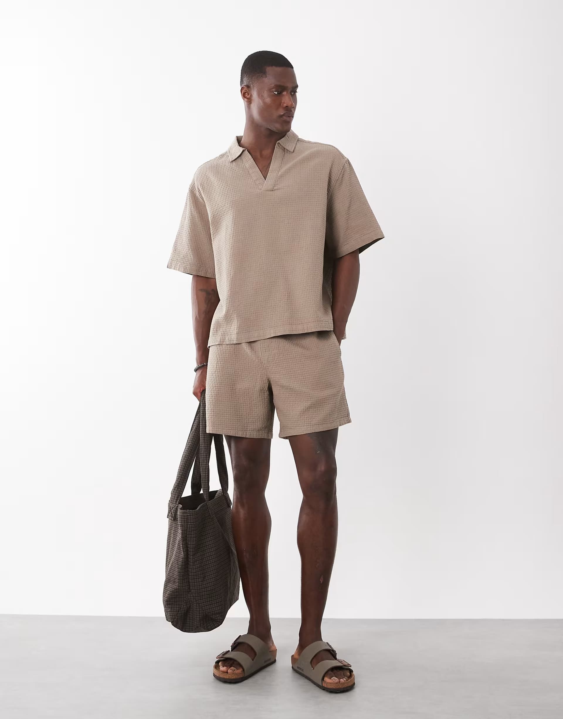 ASOS ASOS DESIGN co-ord boxy oversized overhead waffle textured shirt in stone