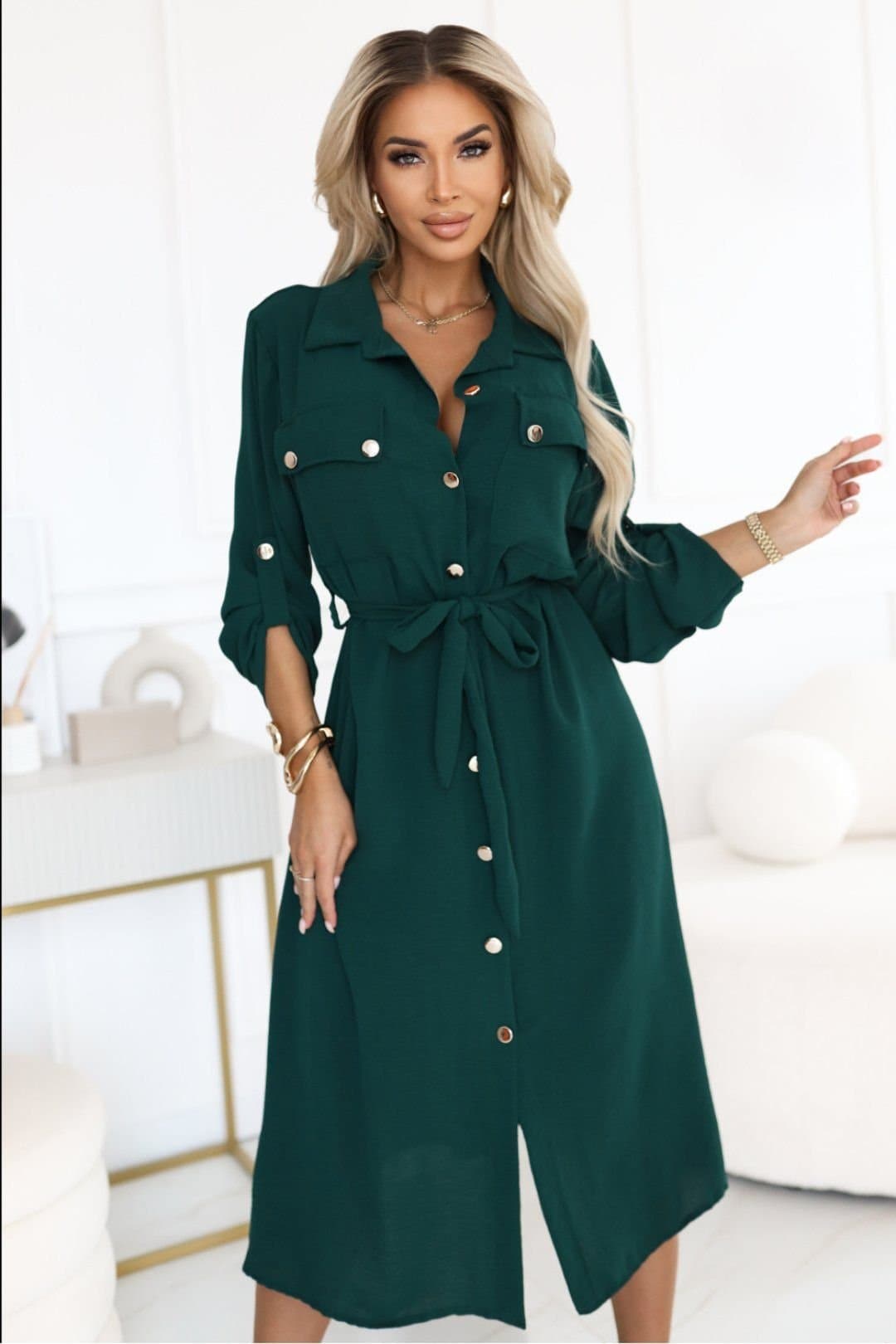 Love Lace Love Lace Women's Elegant Midi Shirt Dress with Waist Belt in Green