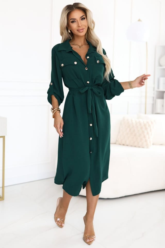 Love Lace Love Lace Women's Elegant Midi Shirt Dress with Waist Belt in Green - 2