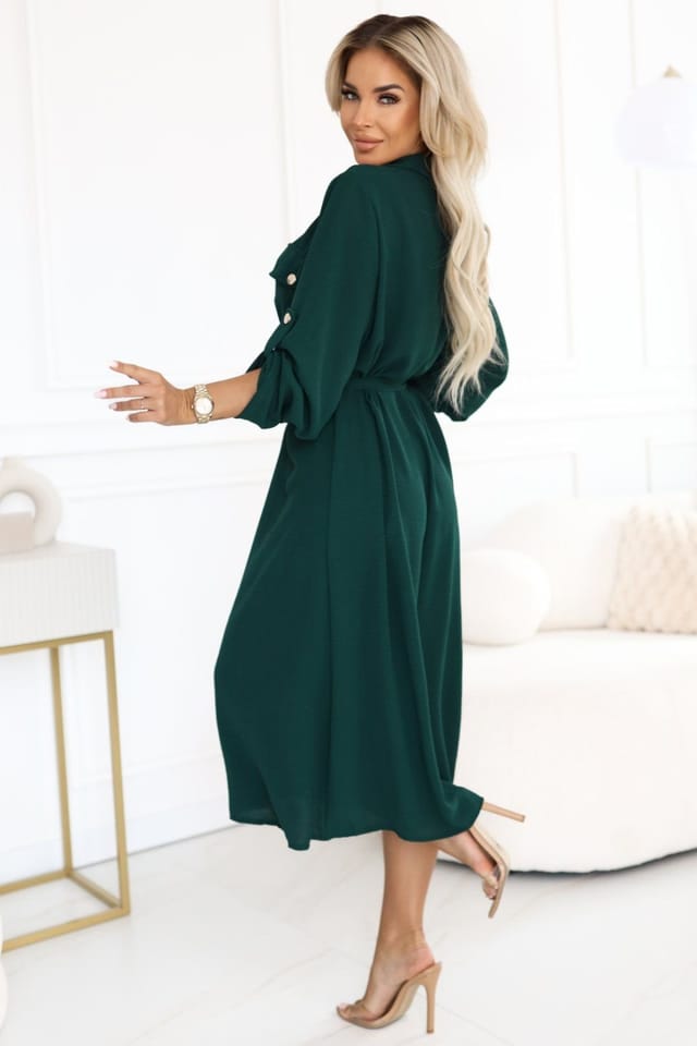 Love Lace Love Lace Women's Elegant Midi Shirt Dress with Waist Belt in Green - 3