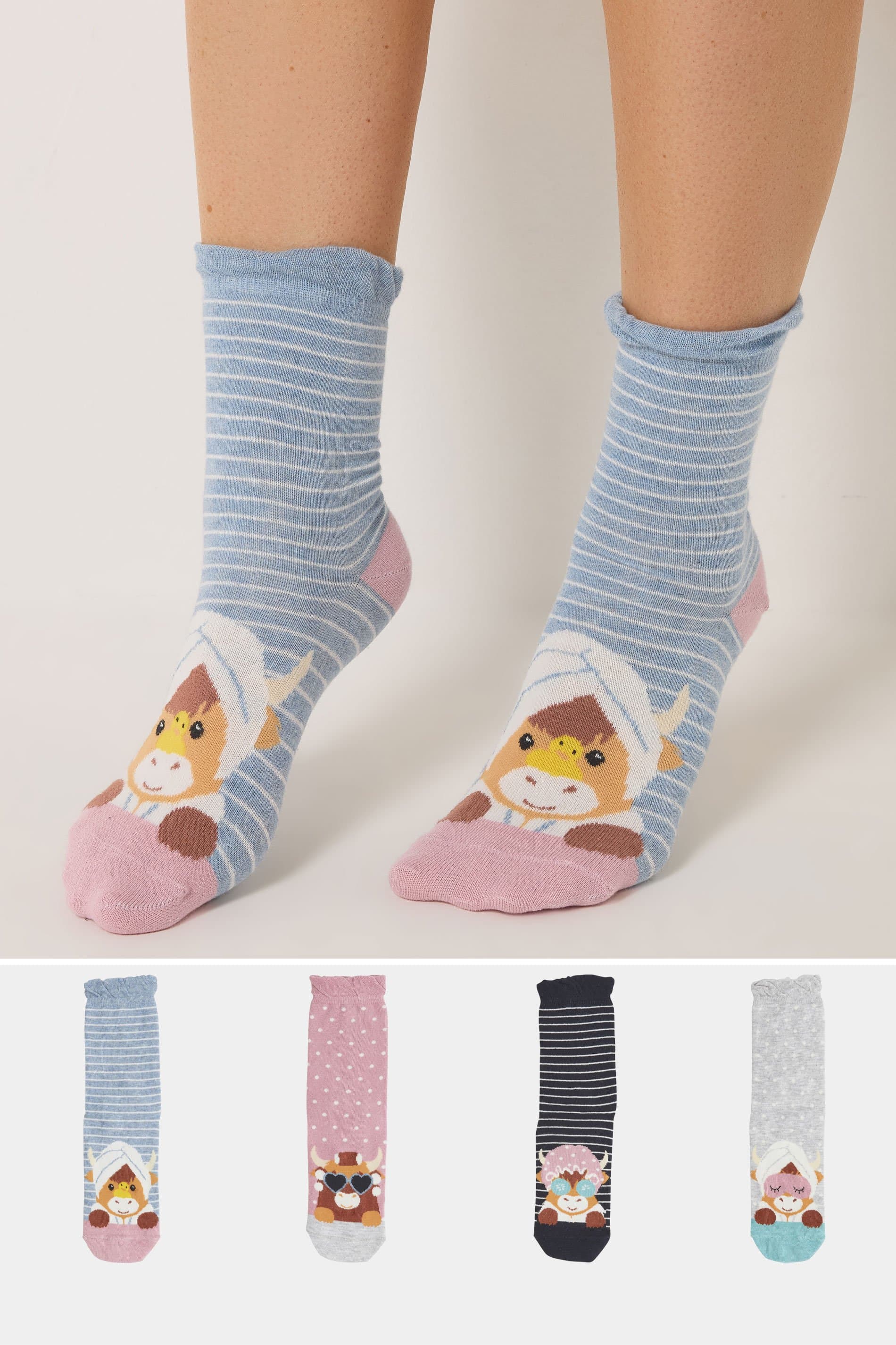 Yours 4 Pack Blue & Pink Spa Cow Ankle Socks