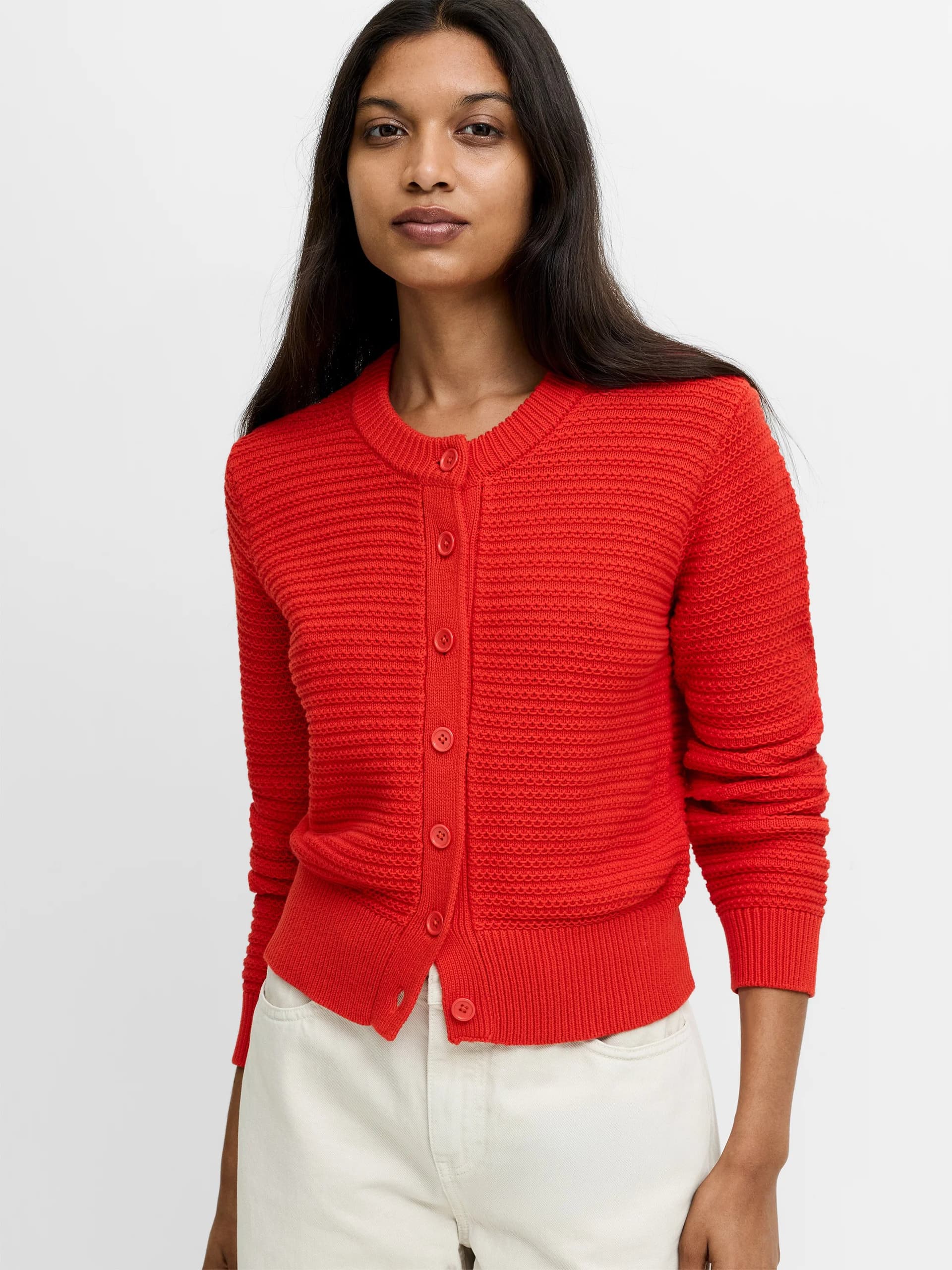 French Connection Lily Mozart Red Purl Knit Cardigan Rouge Red