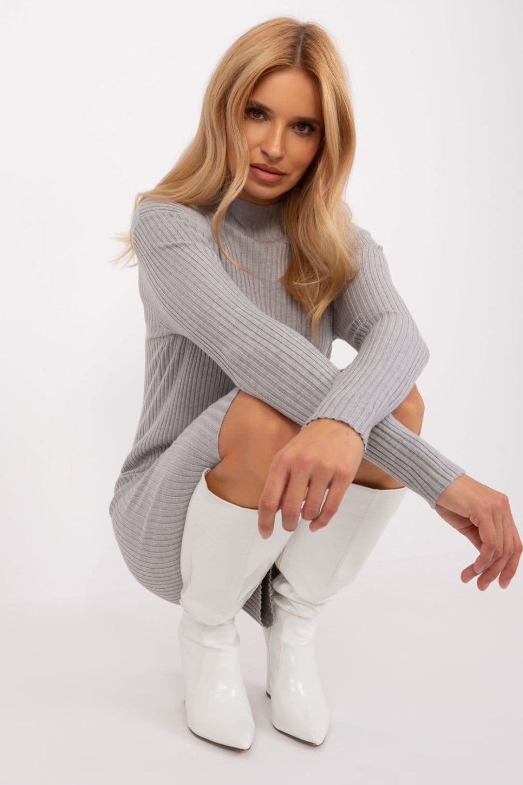 Love Lace Grey Ribbed Long Sleeve Pencil Dress for Work