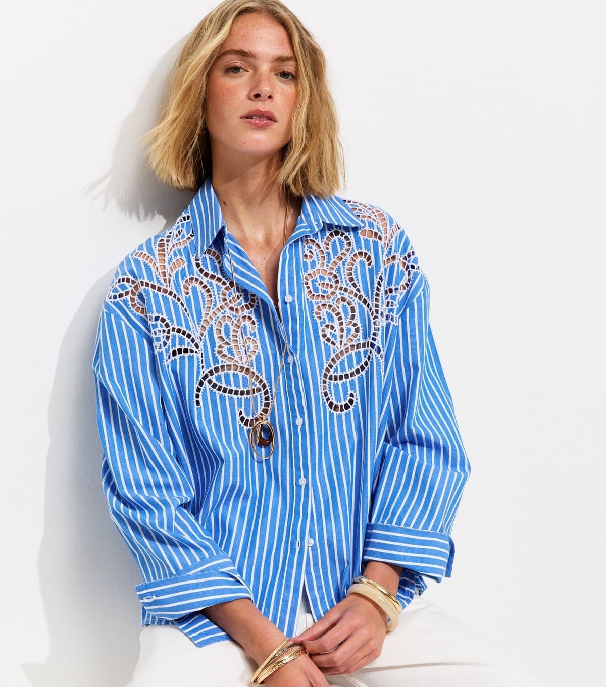 New Look Women's Blue Lace Cutout Pinstripe Shirt New Look