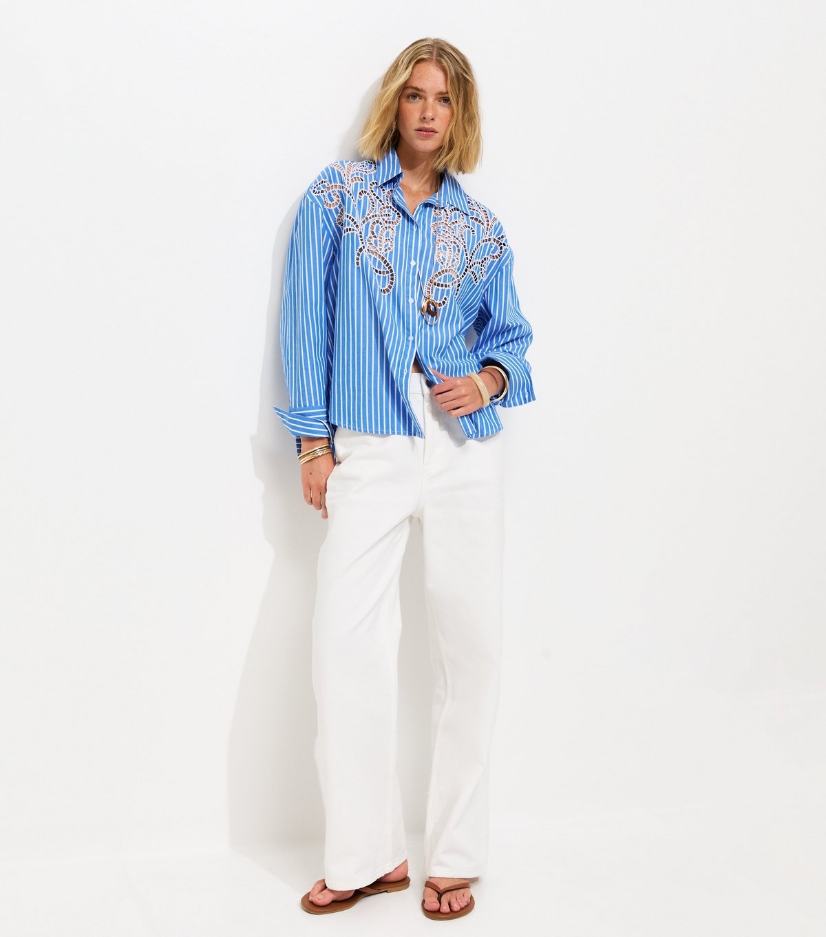 New Look Women's Blue Lace Cutout Pinstripe Shirt New Look - 3