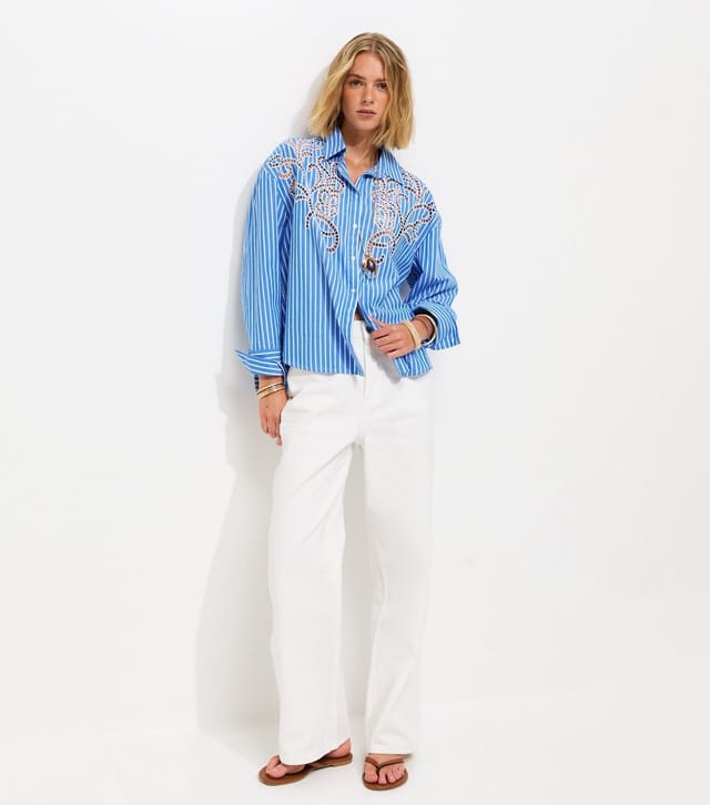 New Look Women's Blue Lace Cutout Pinstripe Shirt New Look - 3
