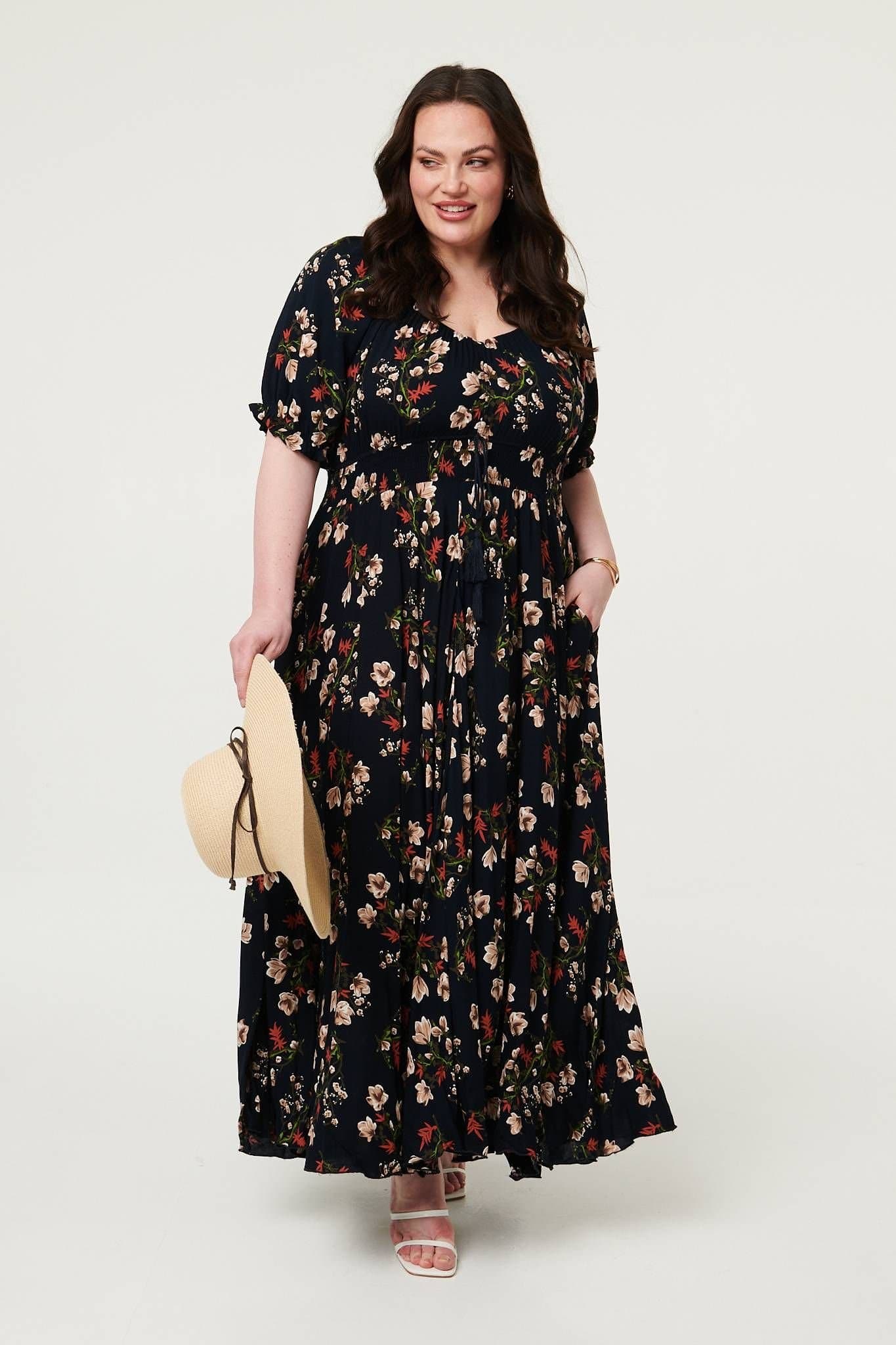 Izabel London Izabel London Women's Curve Floral Bardot Empire Maxi Dress in Navy