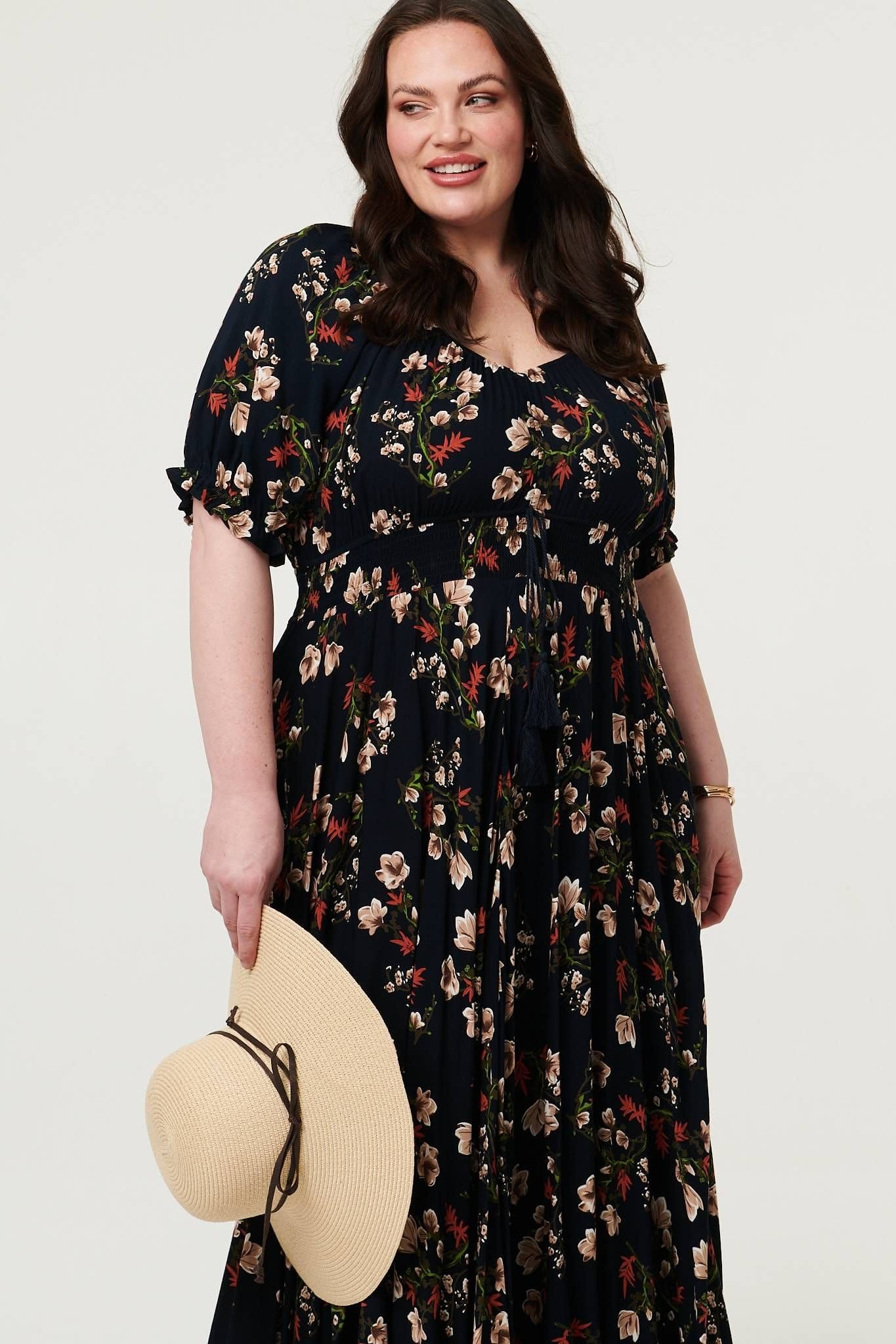 Izabel London Izabel London Women's Curve Floral Bardot Empire Maxi Dress in Navy - 4
