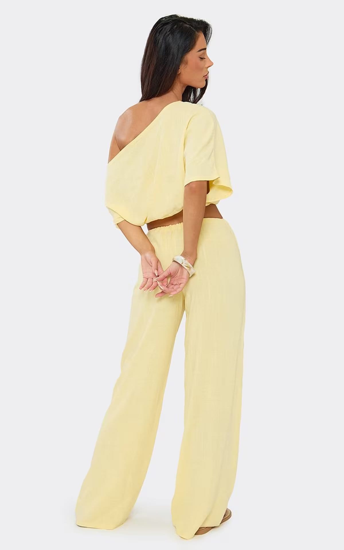 EGO Mid Rise Wide Leg Trousers In Lemon Linen, Women's Size UK 6 - 1
