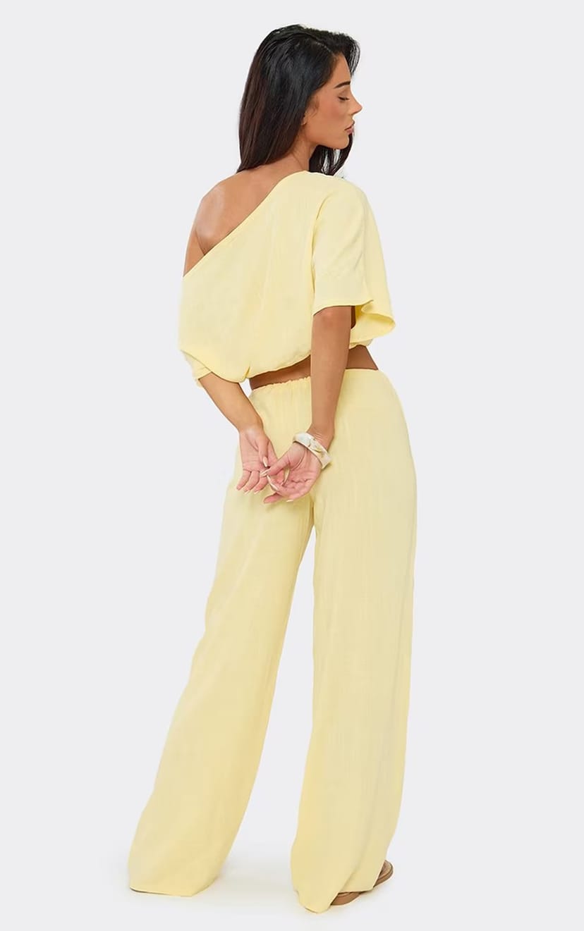 EGO Mid Rise Wide Leg Trousers In Lemon Linen, Women's Size UK 6 - 1