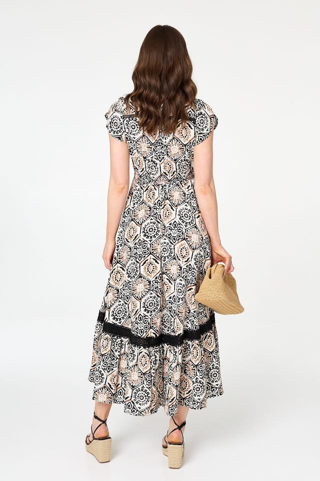 Izabel London Izabel London Women's Mosaic Print Lace Cap Sleeve Maxi Dress in Beige - 3