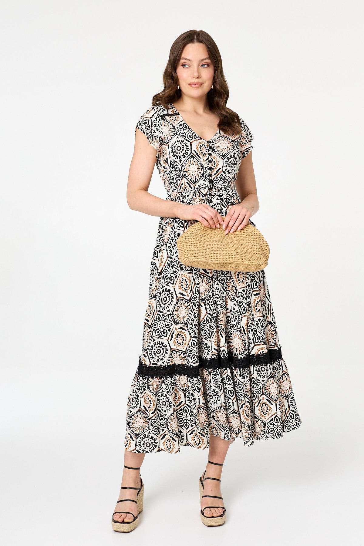Izabel London Izabel London Women's Mosaic Print Lace Cap Sleeve Maxi Dress in Beige - 4