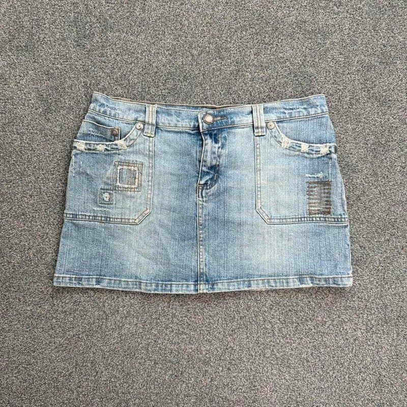 No Label Y2K vintage low rise denim mini skirt distressed faded pockets stitching - UK 12