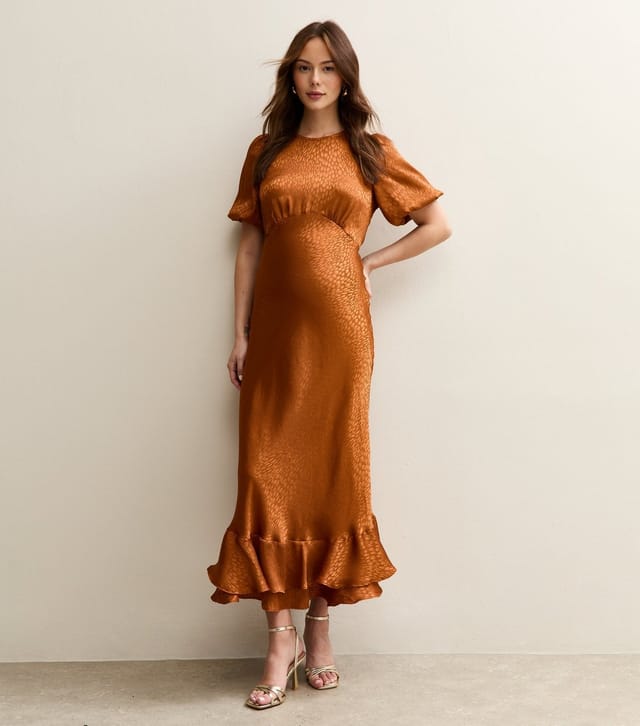 New Look Women's Maternity Orange Feather Jacquard Satin Midi Dress New Look - 3