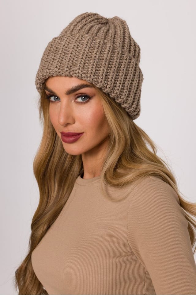Love Lace Love Lace Women's Warm Relaxed Thick Ribbed Knit Beanie Hat Folded Edge Soft Yarn in Beige - 3