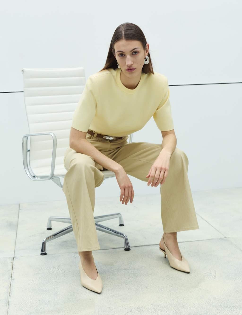 Marks & Spencer M&S Shoulder Pad Knitted Top with Wool Pale Straw