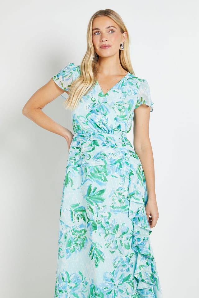 Wallis Wallis Women's Petite Floral Dobby Ruffle Midi Dress in Blue - 2
