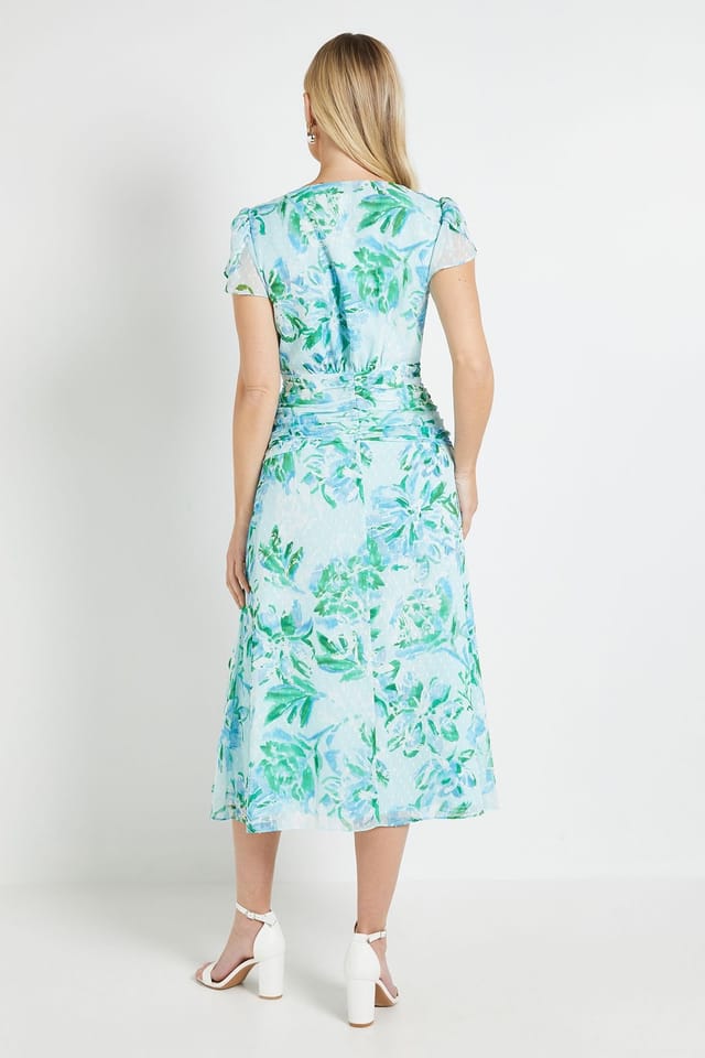 Wallis Wallis Women's Petite Floral Dobby Ruffle Midi Dress in Blue - 3
