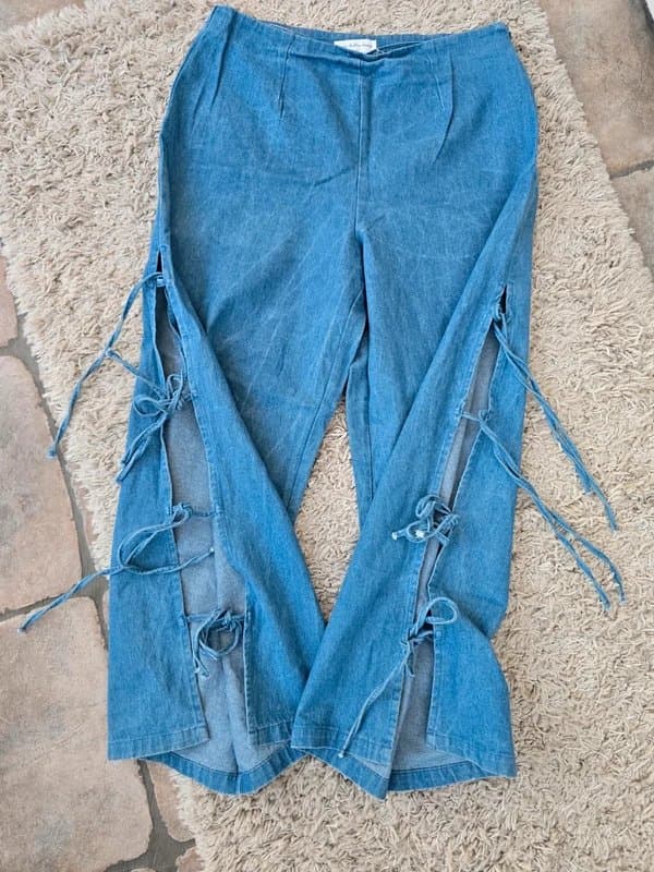 Never Fully Dressed Never Fully Dressed Lace Up Denim Wide Leg Trousers Jeans Statement Side Tie