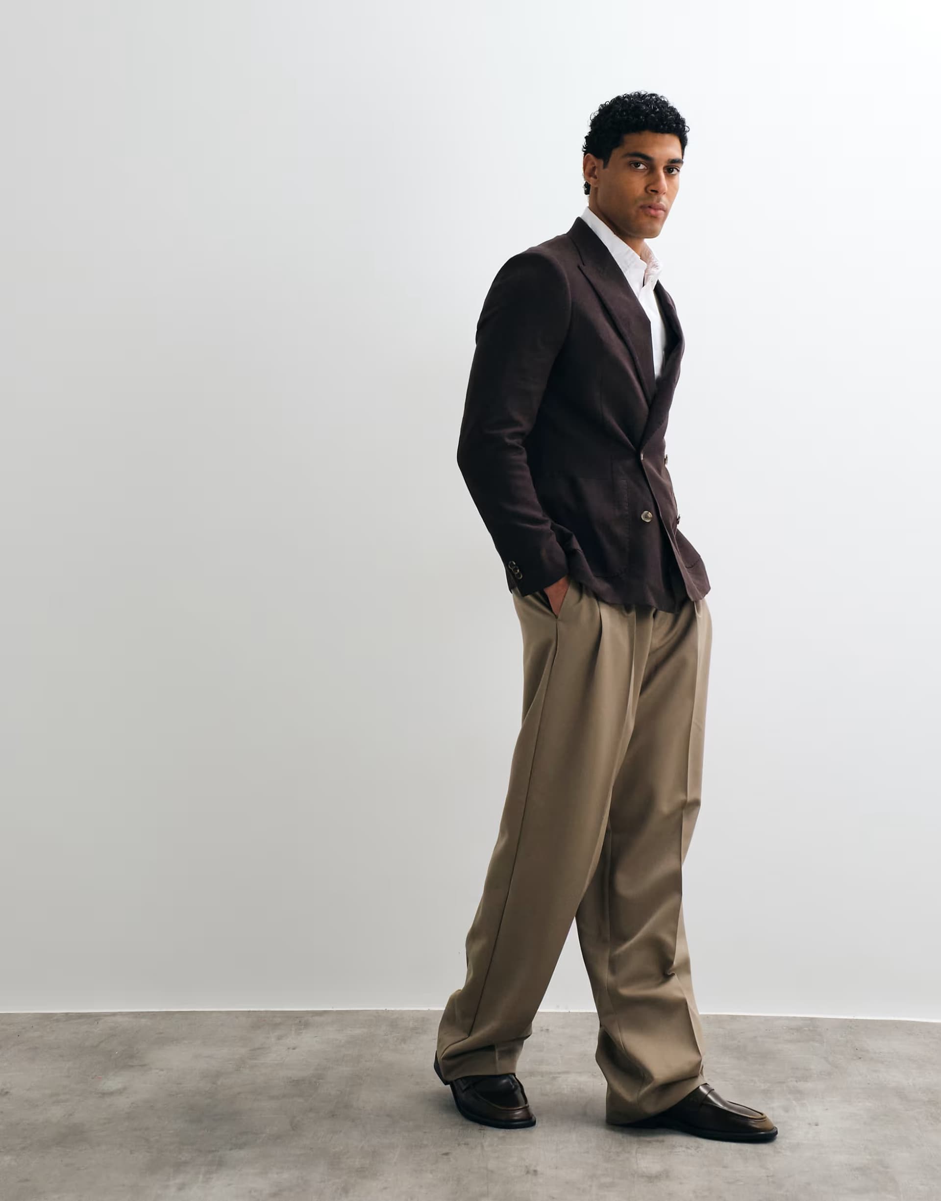 ASOS River Island double breasted linen blend suit jacket in brown