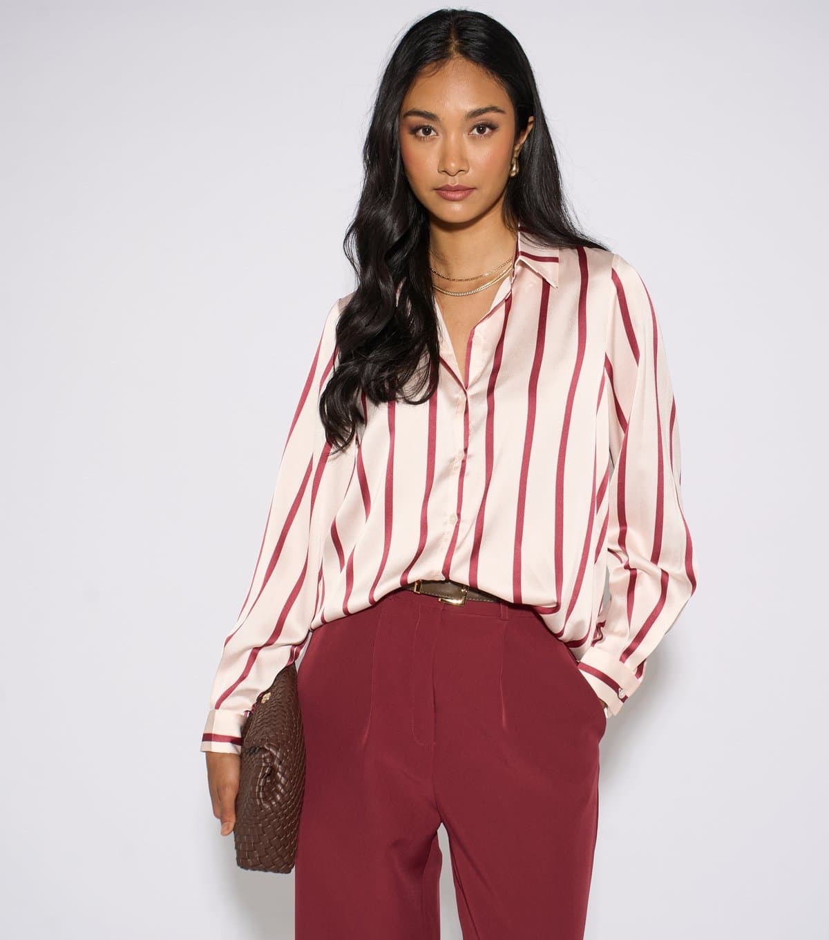 Gini London Women's Dark Burgundy Satin Striped Relaxed Shirt Gini London New Look