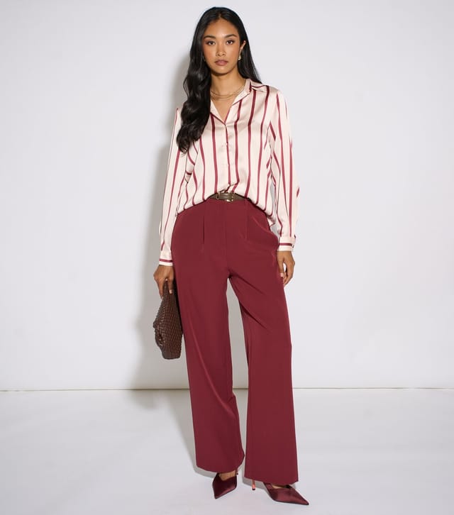 Gini London Women's Dark Burgundy Satin Striped Relaxed Shirt Gini London New Look - 2