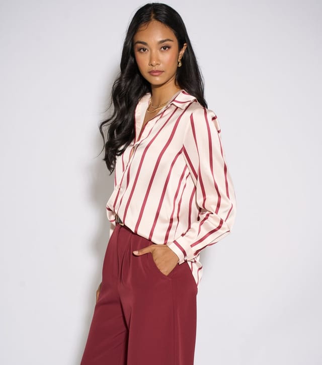 Gini London Women's Dark Burgundy Satin Striped Relaxed Shirt Gini London New Look - 3