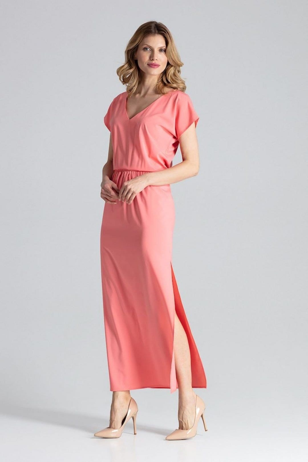 Love Lace Love Lace Women's Long Airy V Neck Dress With Side Slit in Pink - 4
