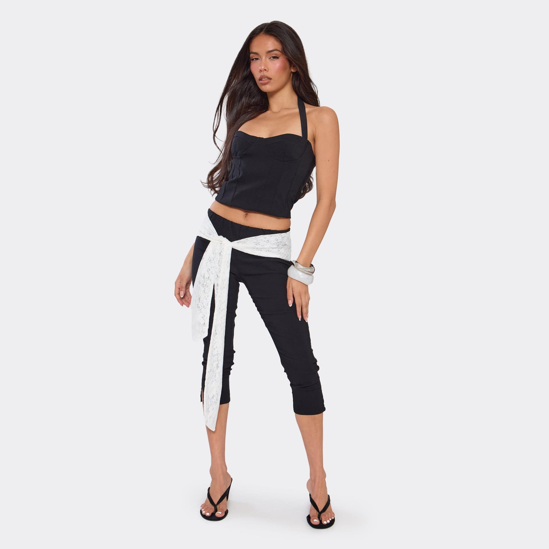 EGO Low Rise Contrast Lace Tie Drape Capri Trousers In Black Stretch Woven, Women's Size UK 6