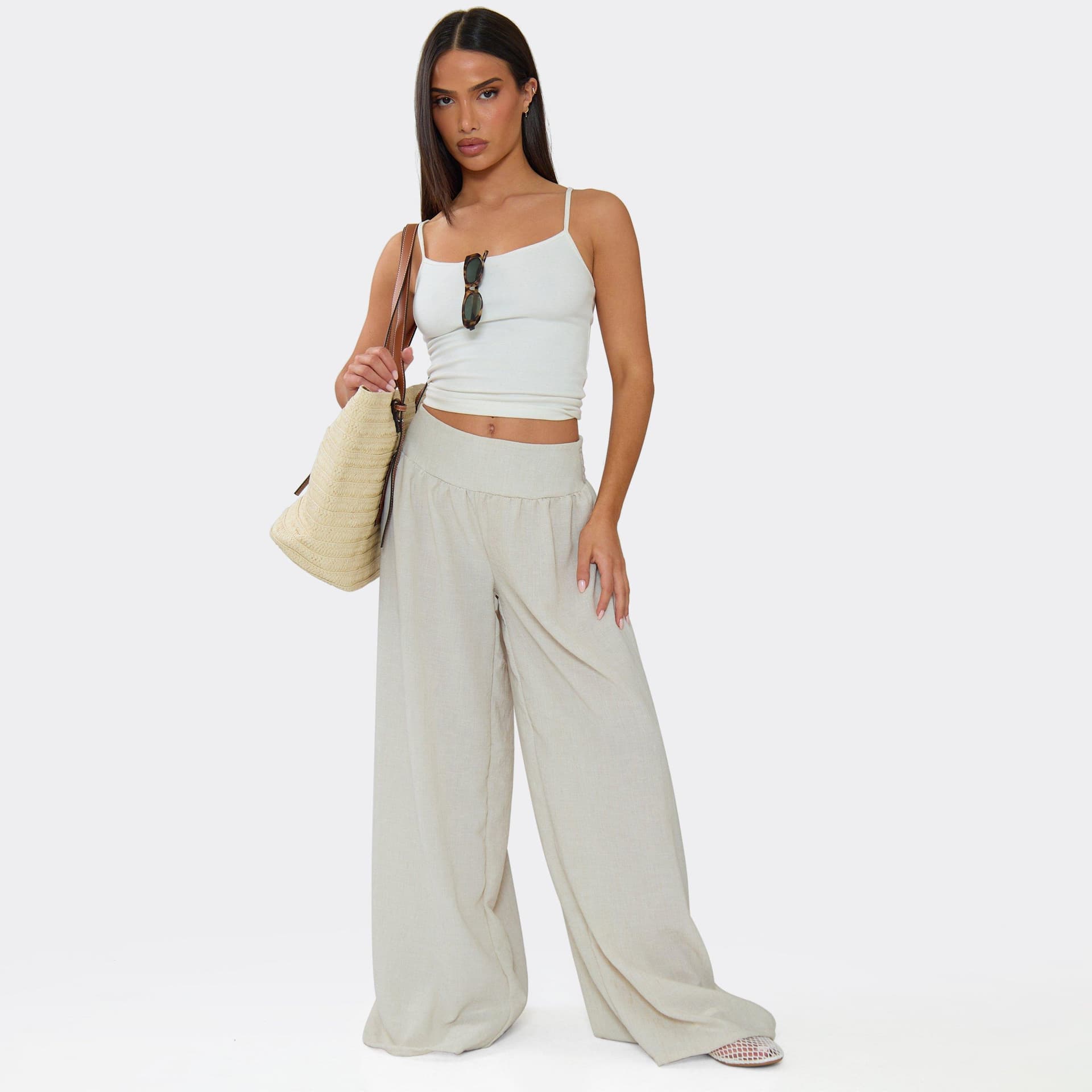 EGO Mid Rise Shirred Waist Wide Leg Linen Look Trousers In Stone, Women's Size UK 6