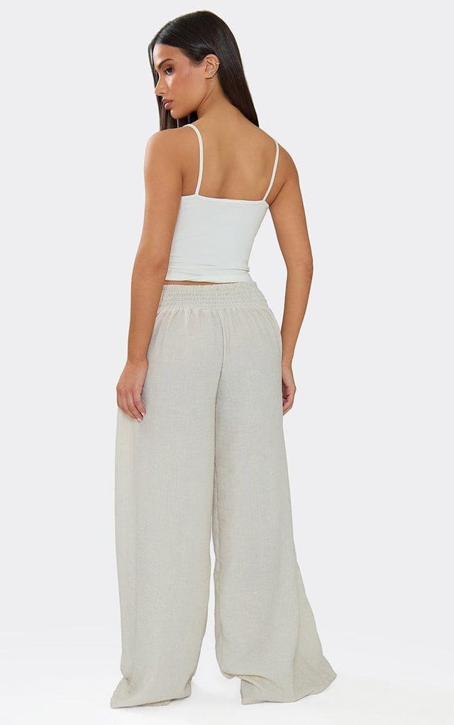 EGO Mid Rise Shirred Waist Wide Leg Linen Look Trousers In Stone, Women's Size UK 6 - 2