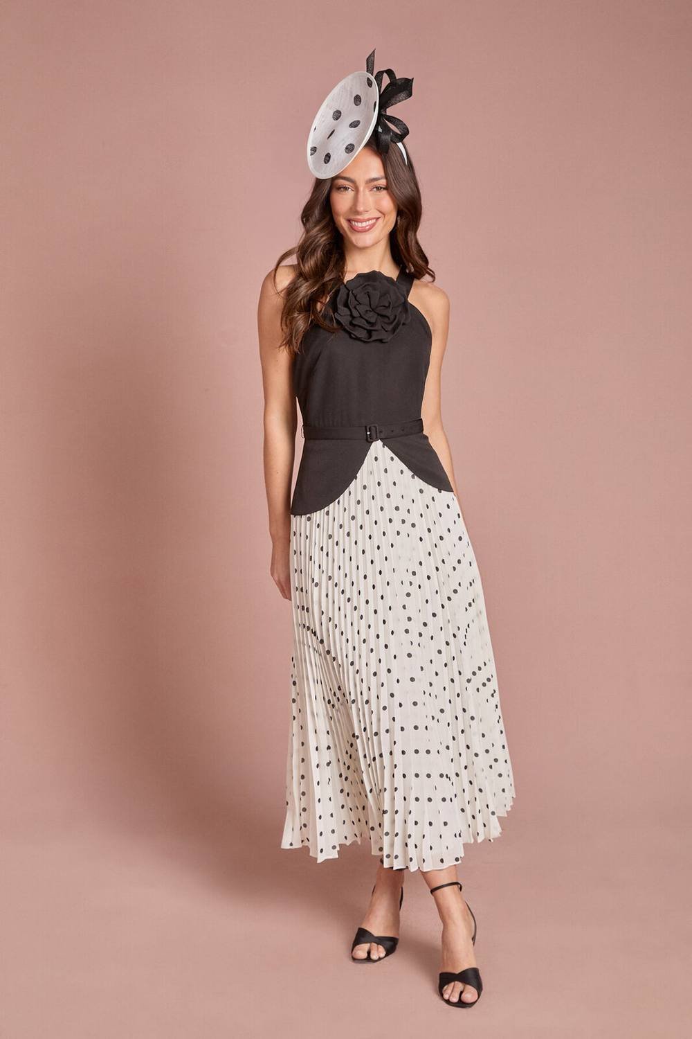 Coast Coast Women's Petite Lisa Tan Corsage Peplum Detail Spot Print Pleated Midi Dress in Mono - 2