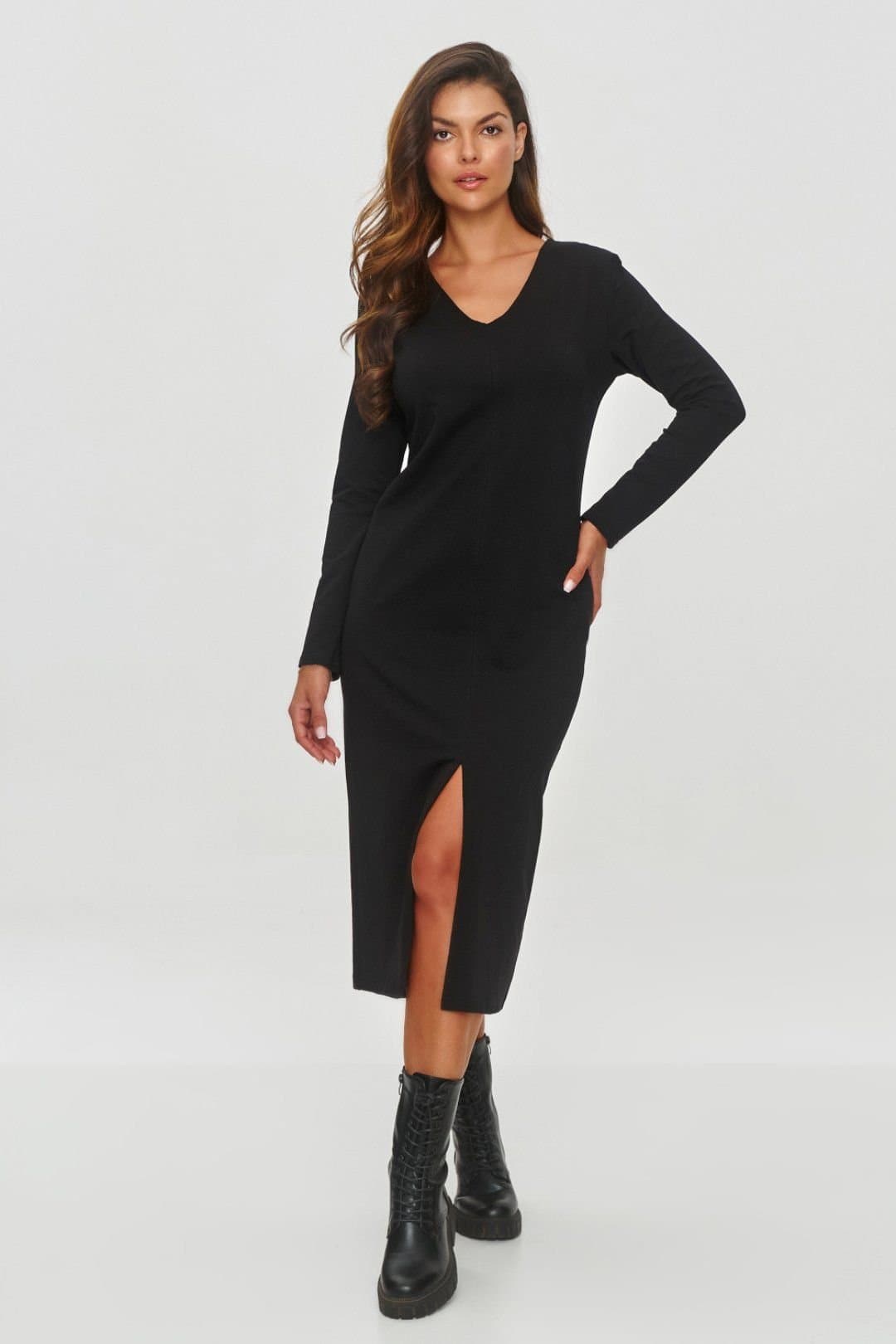 Love Lace Love Lace Women's V Neck Sweatshirt Dress Mid Calf in Black