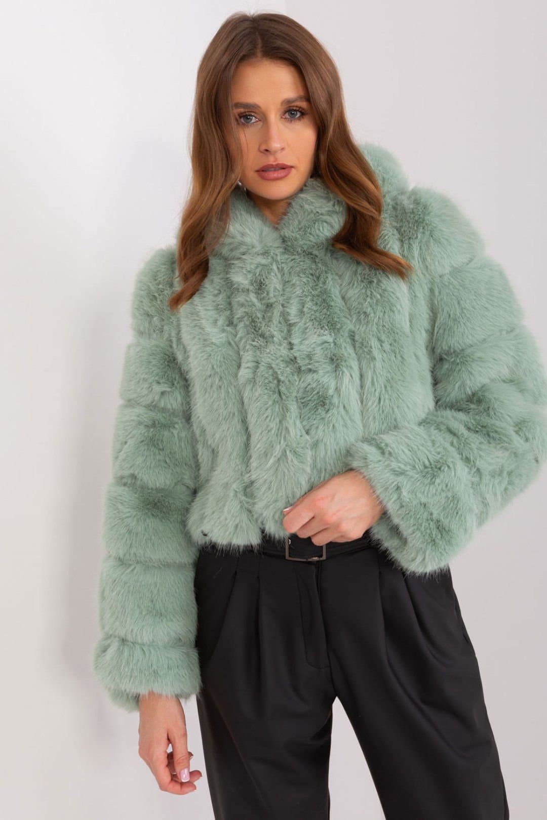Love Lace Love Lace Women's Short Hooded Fur Trim Transitional Jacket in Green