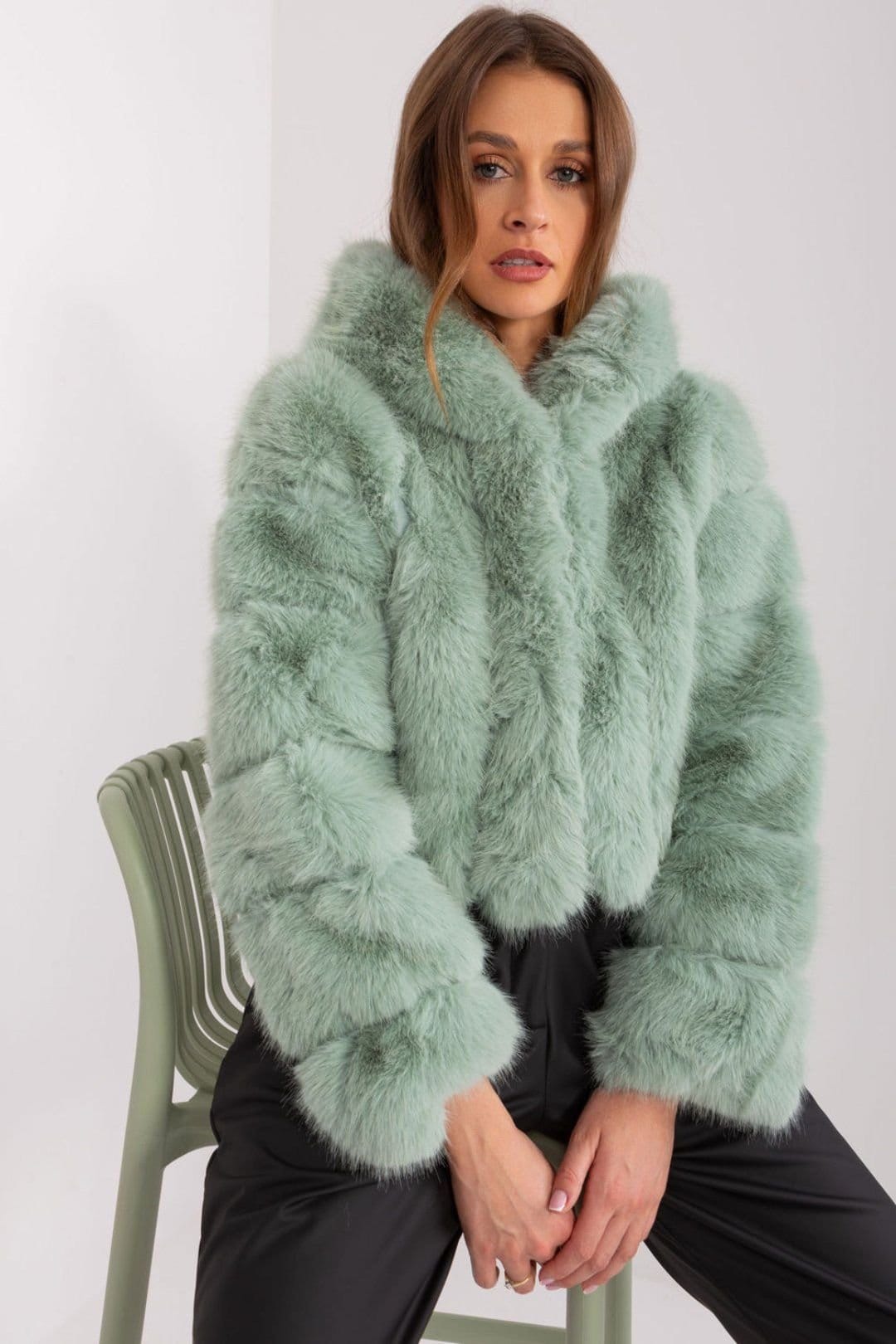 Love Lace Love Lace Women's Short Hooded Fur Trim Transitional Jacket in Green - 4