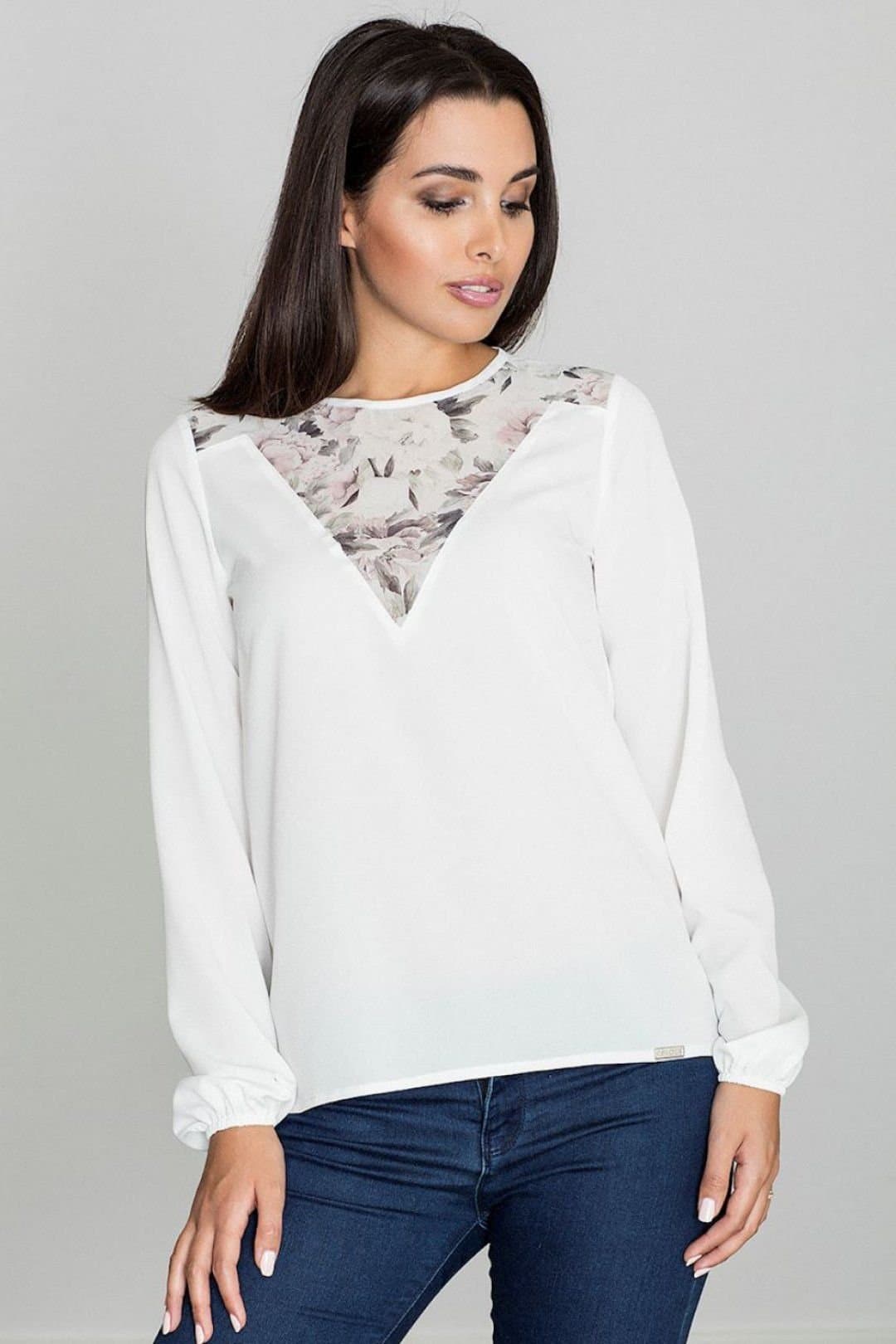 Love Lace Love Lace Women's Pattern Neckline Blouse With Back Slit Sleeves in White