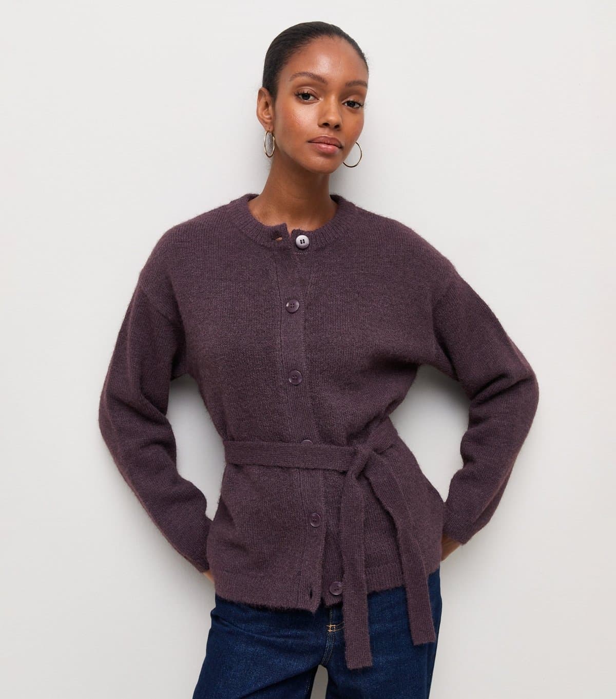 New Look Women's Dark Purple Knitted Belted Cardigan New Look